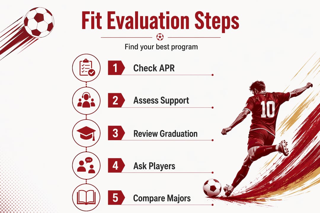 Infographic outlining college soccer academic fit steps