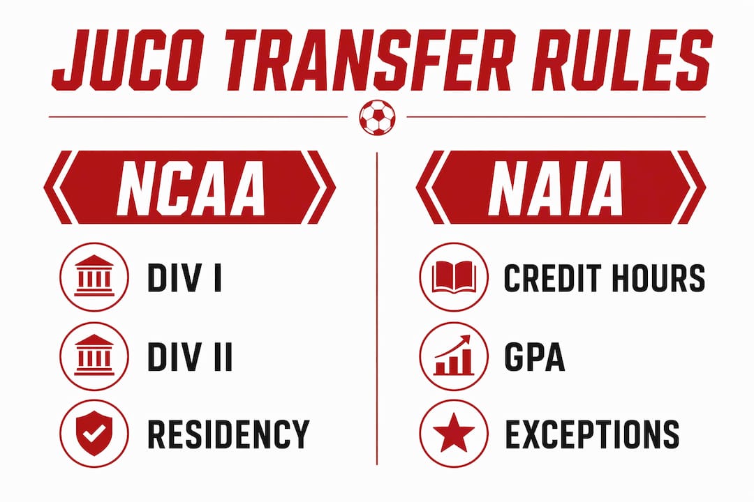 Canas Recruiting Agency | JUCO Soccer Transfer Rules: What Players Must Know Infographic comparing JUCO transfer eligibility rules