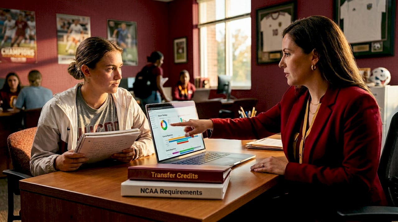 Canas Recruiting Agency | JUCO Soccer Transfer Rules: What Players Must Know Academic advisor guiding JUCO soccer player on transfer credits