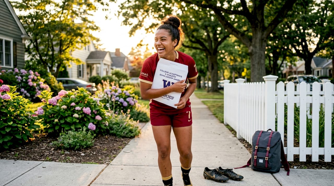 Soccer player proudly holding scholarship award
