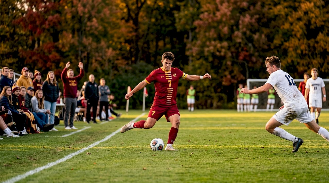 Division III college soccer players competing mid-match
