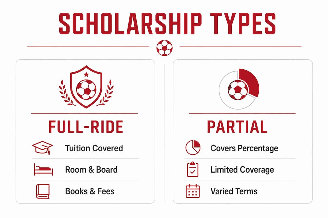 Infographic comparing full-ride and partial soccer scholarships