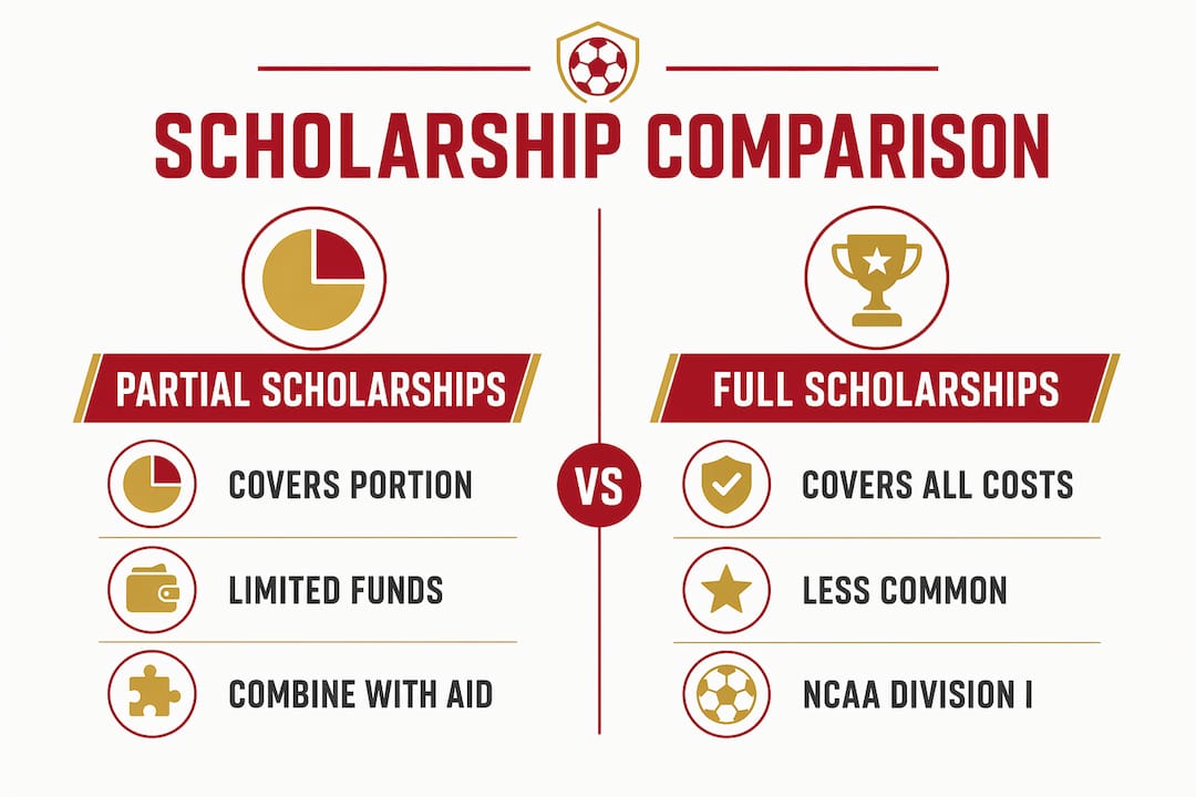 Infographic comparing partial and full soccer scholarships