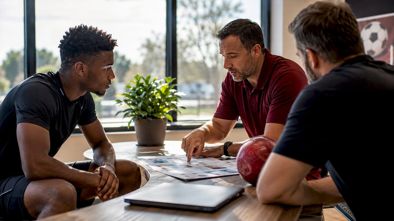 College coach discussing soccer scholarships with athlete