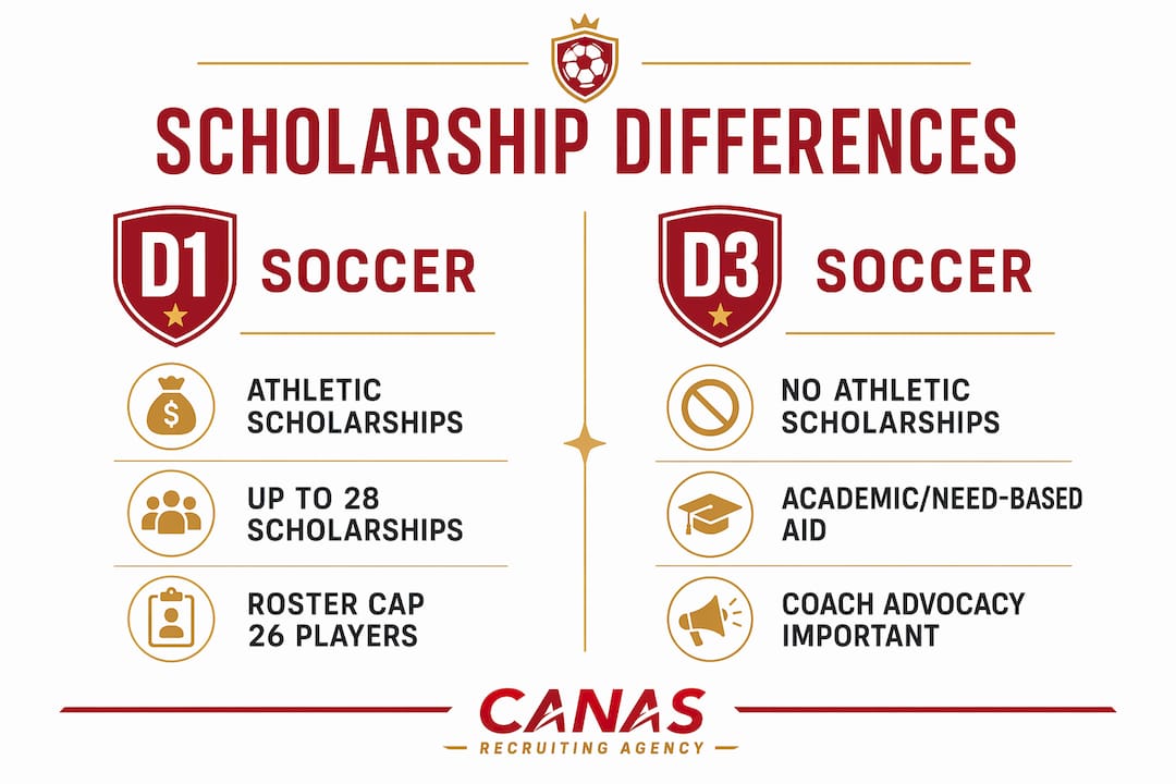 Infographic comparing D3 and D1 soccer scholarship differences
