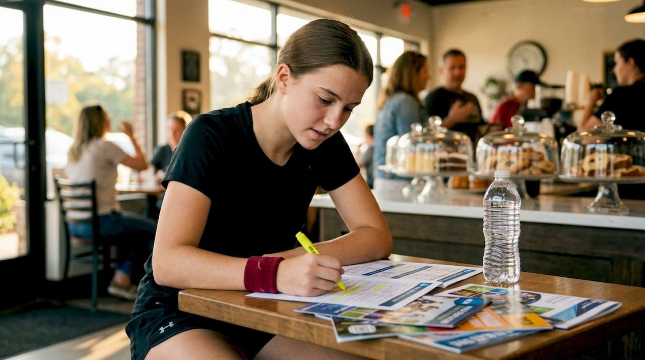 Female athlete reviewing NCAA soccer options at desk