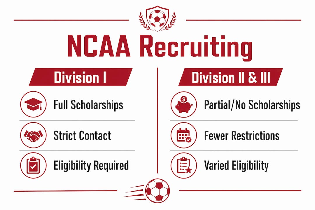 Infographic comparing NCAA Division I vs Division II and III recruiting