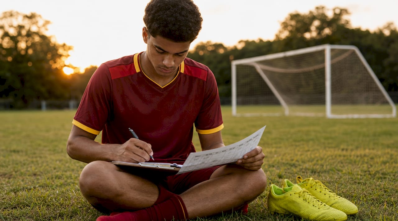 Soccer player reviewing recruiting email timing outdoors