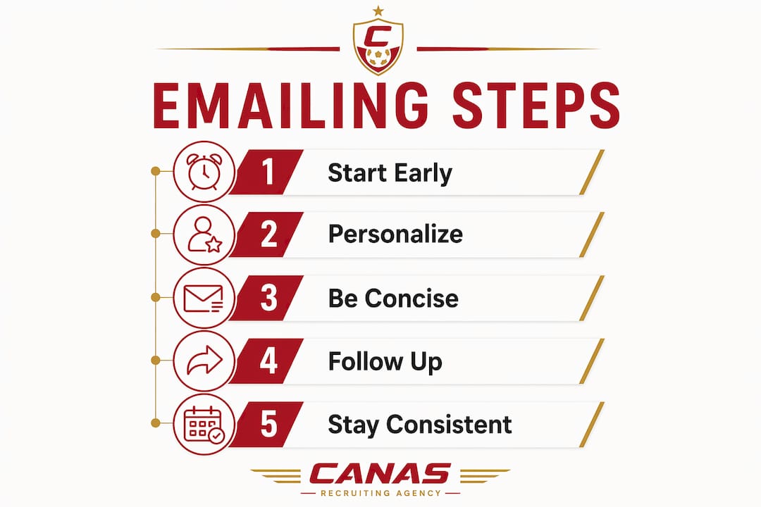 Infographic displaying five steps to email soccer coach effectively