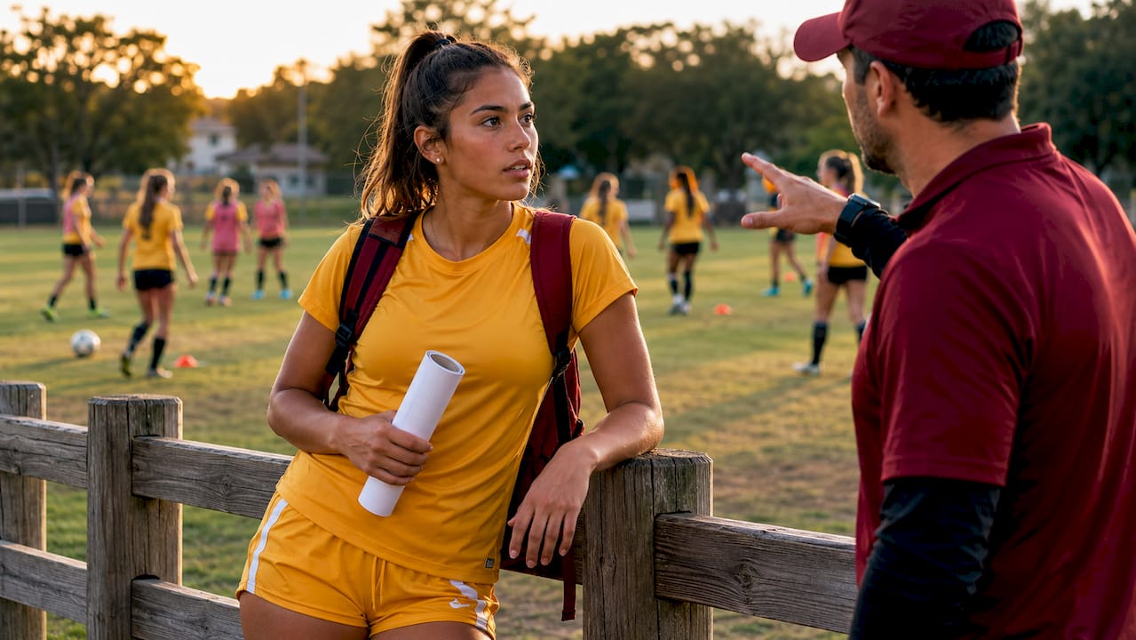 JUCO soccer player reviewing recruiting packet with coach outdoors