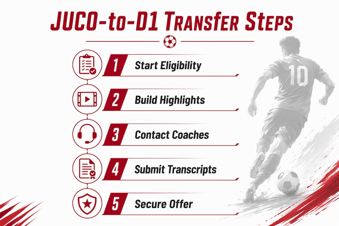 Infographic illustrating key steps for JUCO to D1 soccer transfer