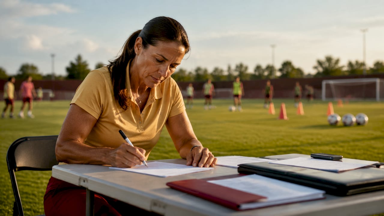 Female soccer coach writing recruiting letter in office