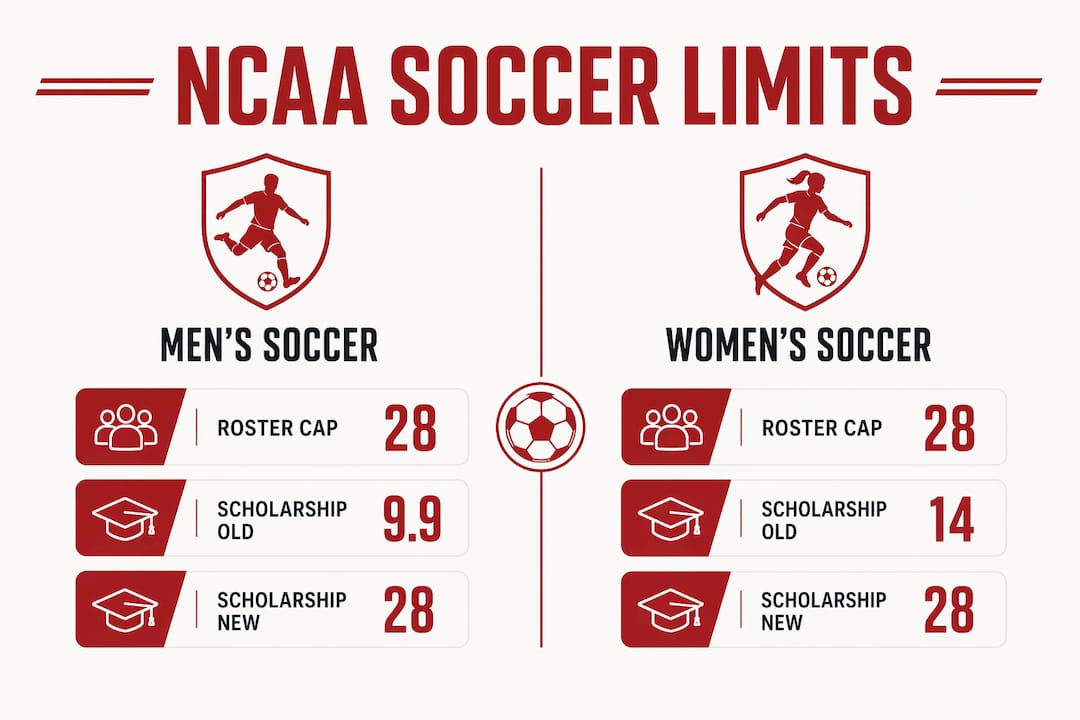 Infographic comparing men's and women's NCAA soccer limits