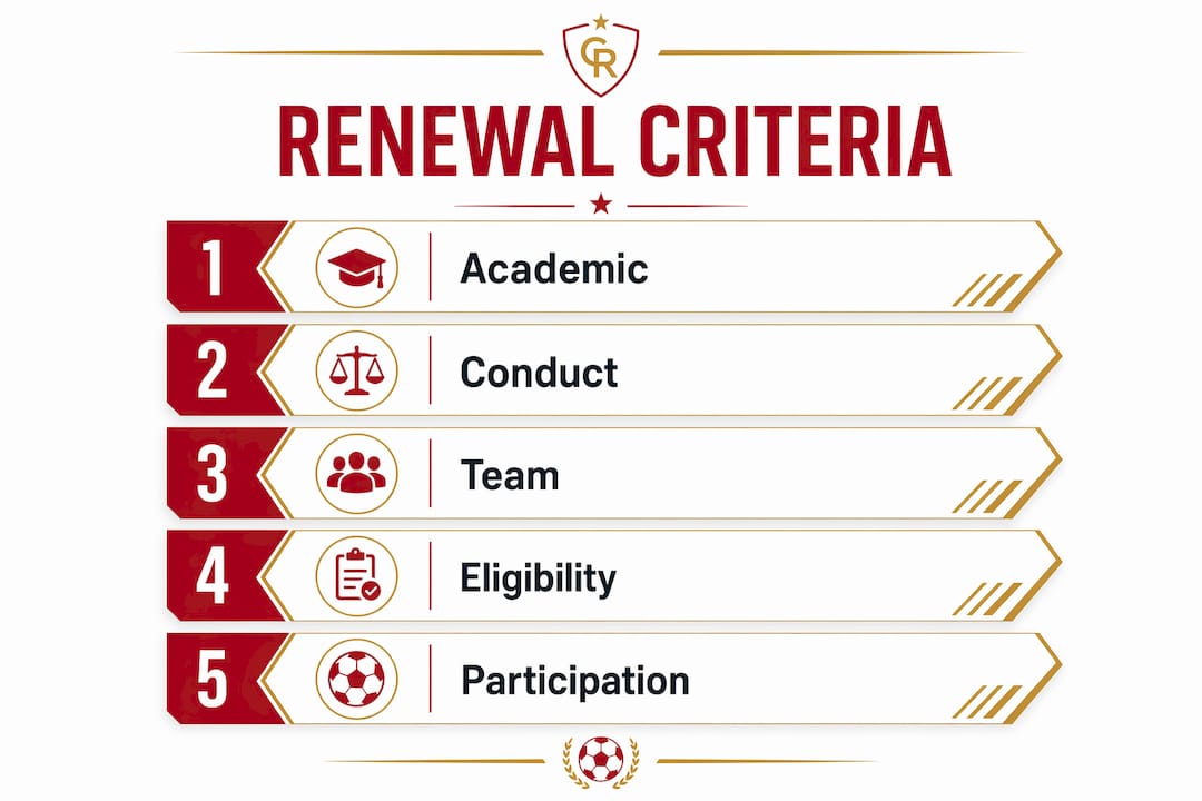 Infographic illustrating soccer scholarship renewal criteria