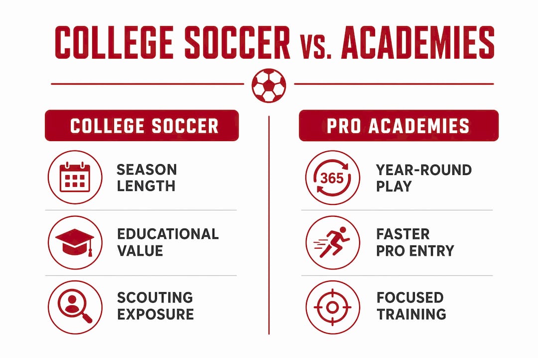 Canas Recruiting Agency | College Soccer and Pro Scouting: A Player's Guide Infographic comparing college soccer and professional academies