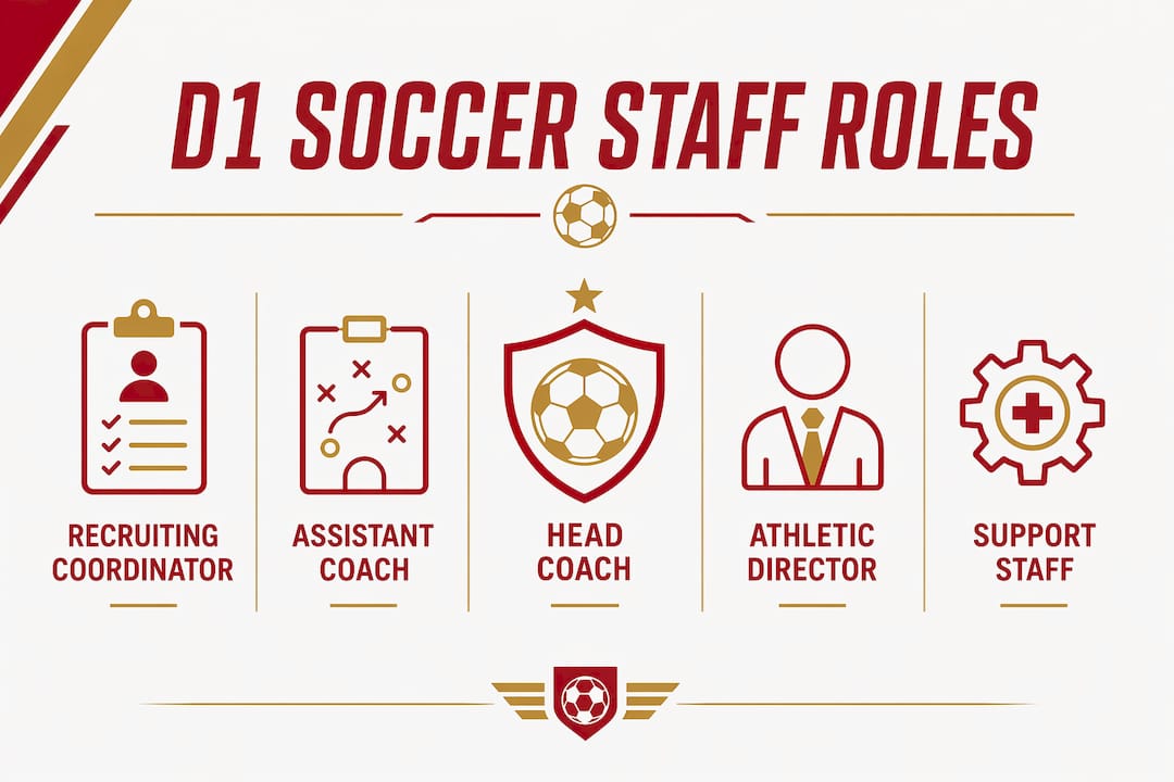 Hierarchy infographic of D1 soccer staff roles and recruiting responsibilities