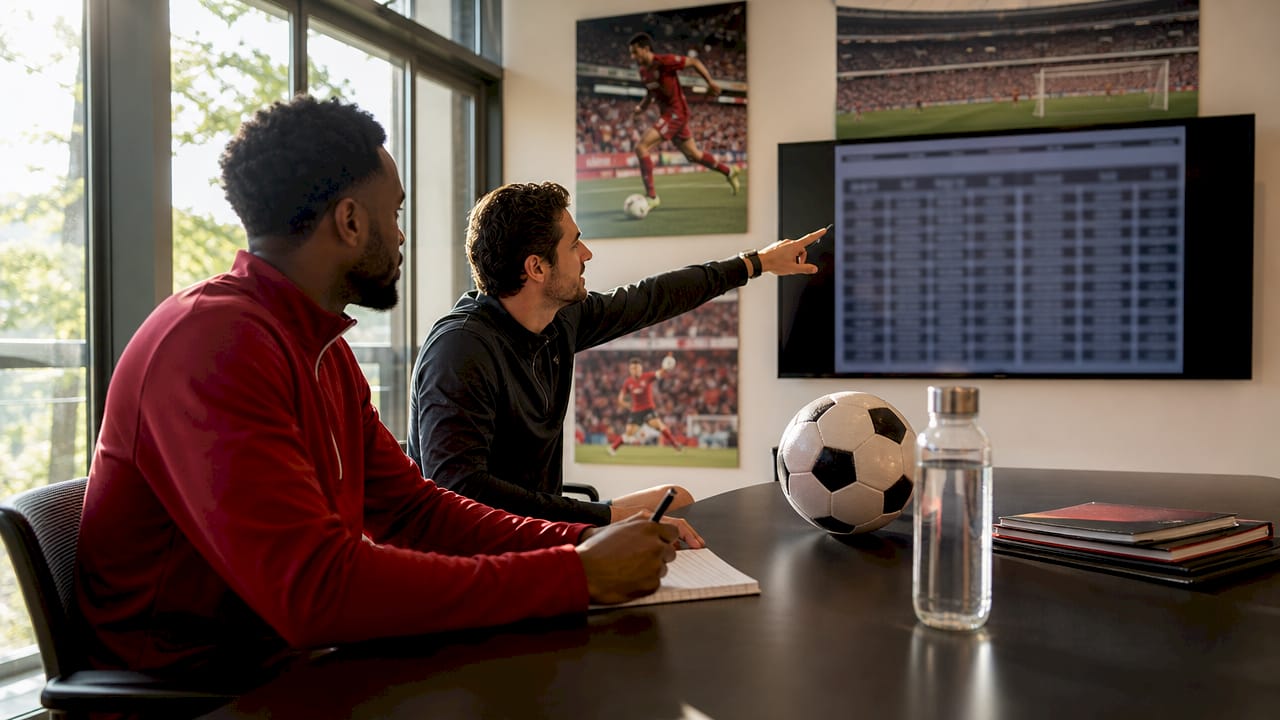 Soccer coaches reviewing player scholarship strategy
