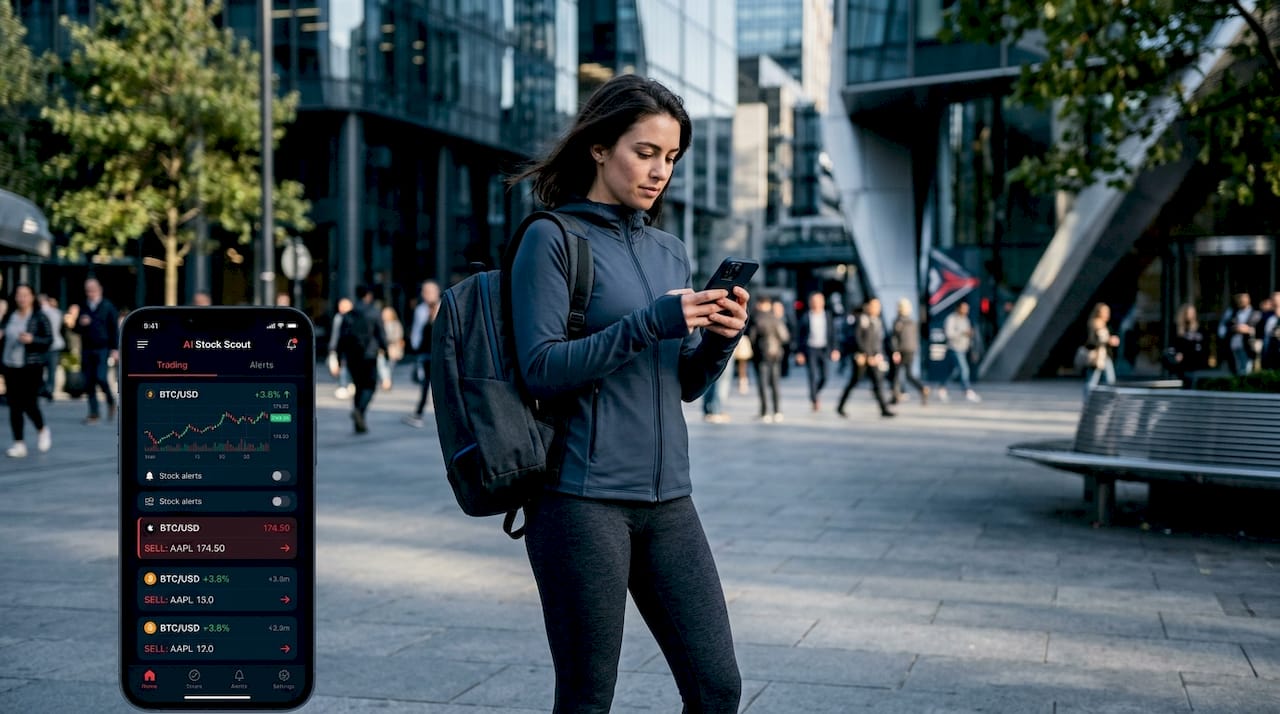 Woman viewing live trading charts outdoors