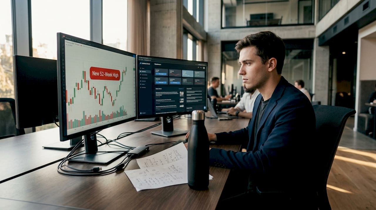 Trader monitors showing 52-week high stock alert