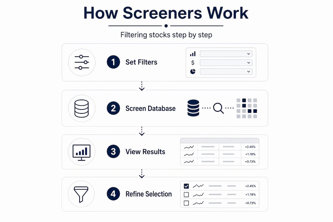 Infographic showing stock screener workflow steps