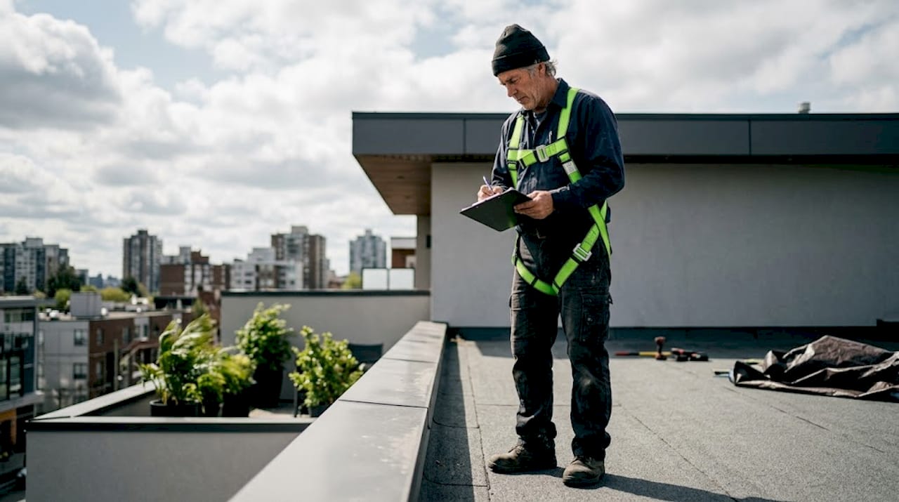 Contractor inspecting aging roof with clipboard