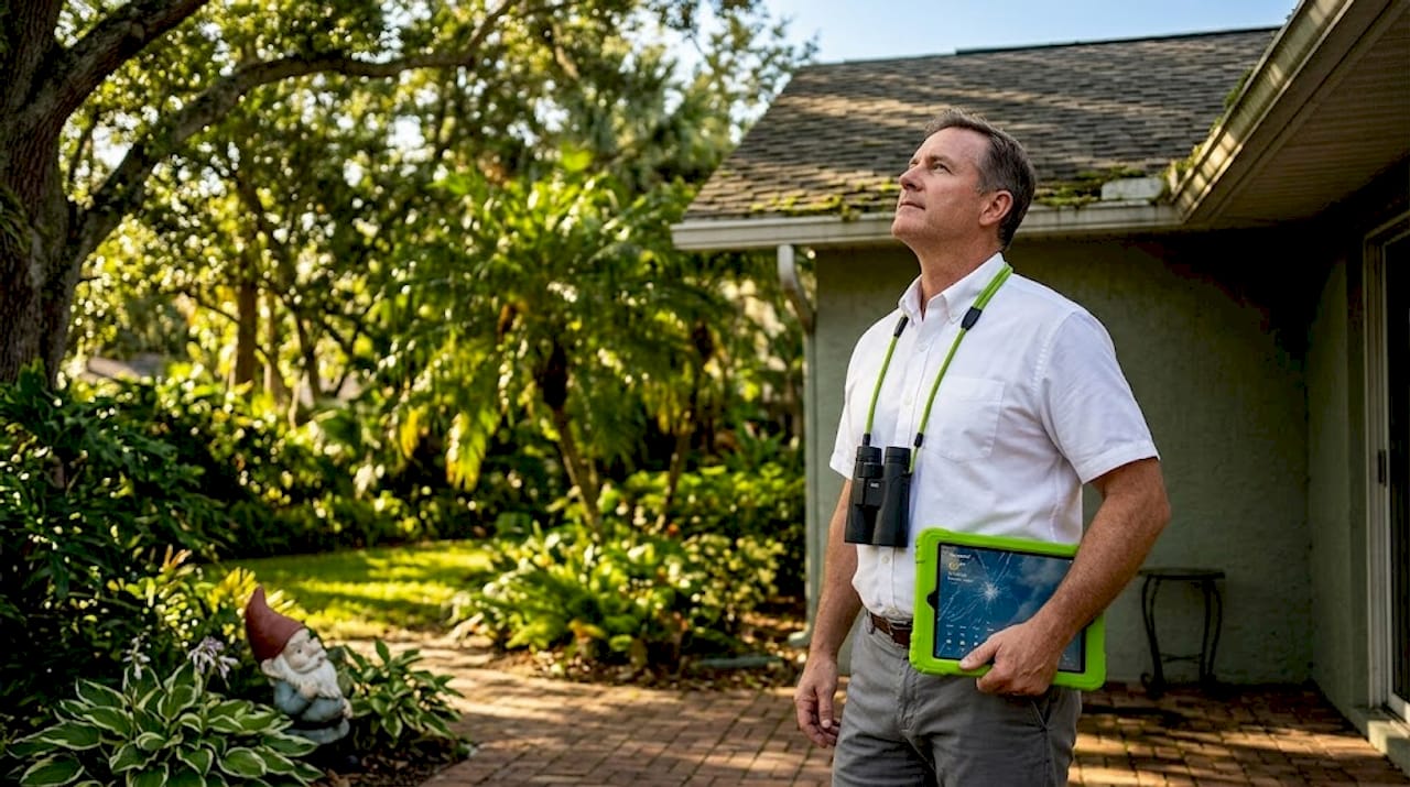 Homeowner inspects roof from driveway with phone
