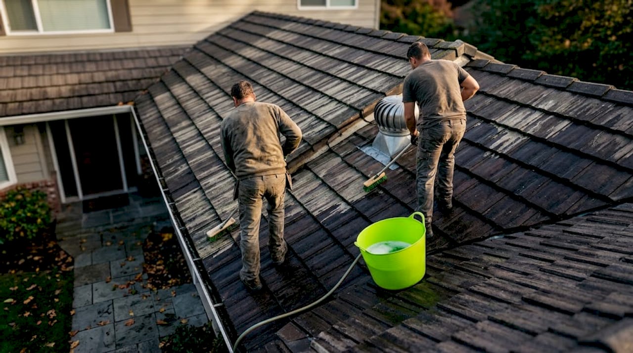 Roofers cleaning stained tiles before restoration