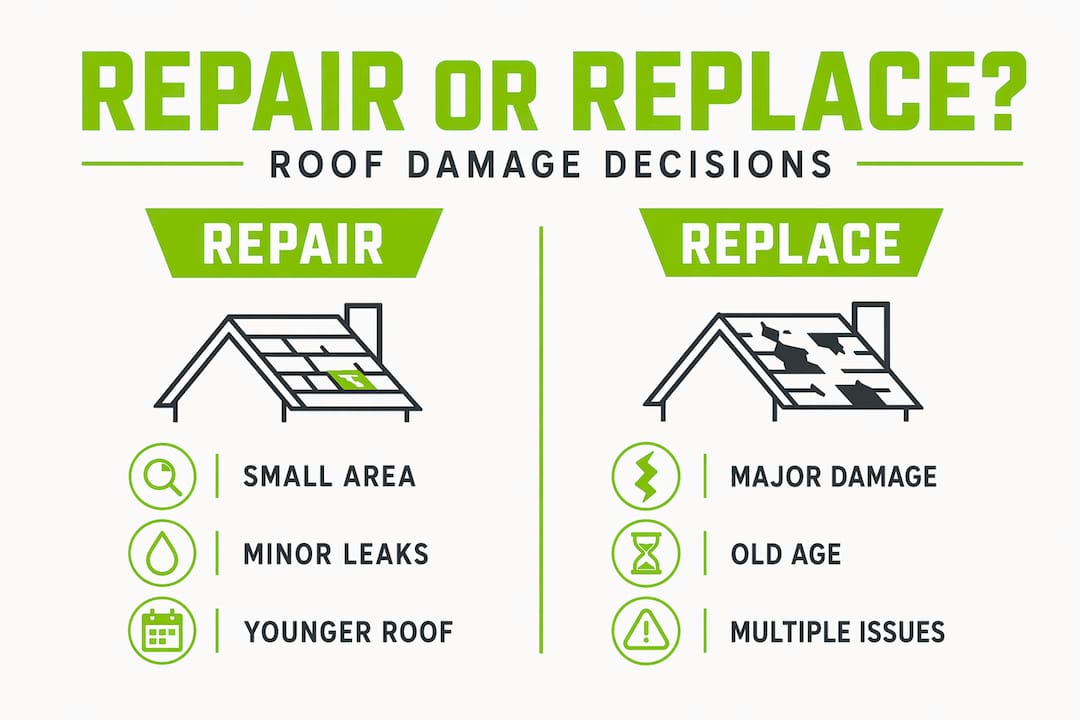Infographic comparing roof repair and replacement signs