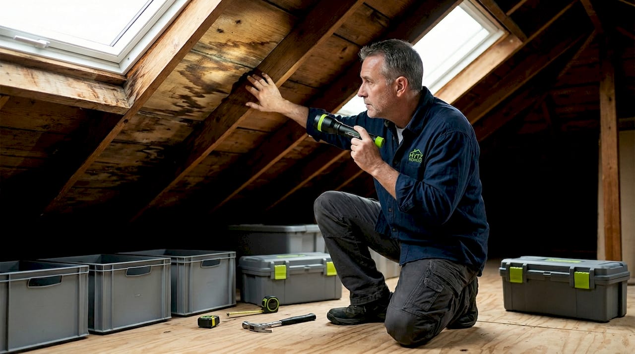 Man examines attic roof stains with flashlight
