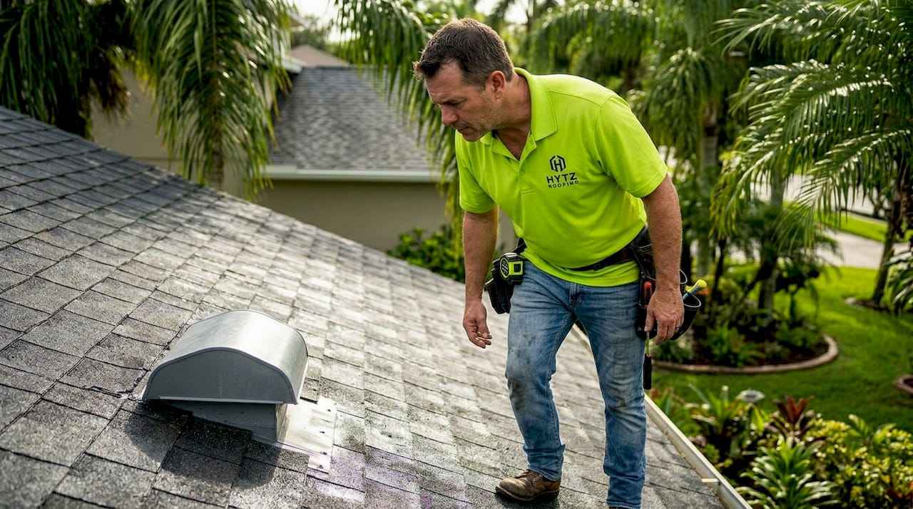 Roofing contractor inspecting Florida home roof