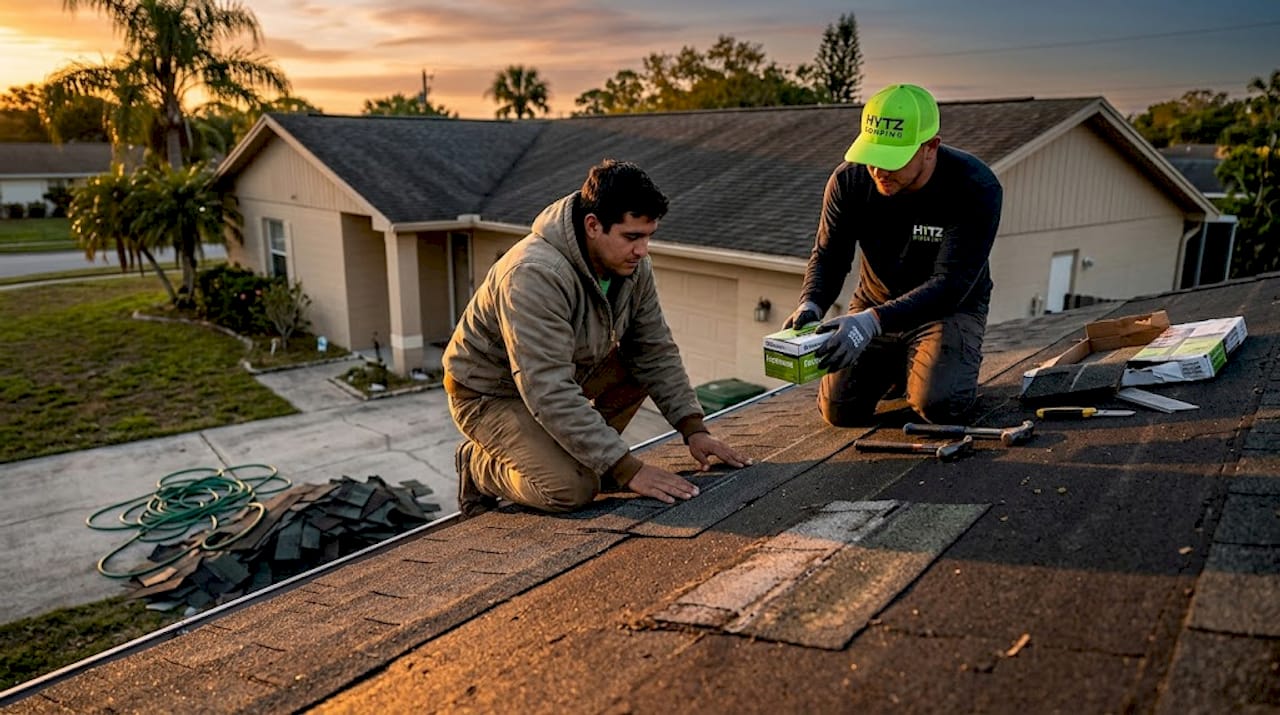 Roofers replacing damaged shingles in Florida