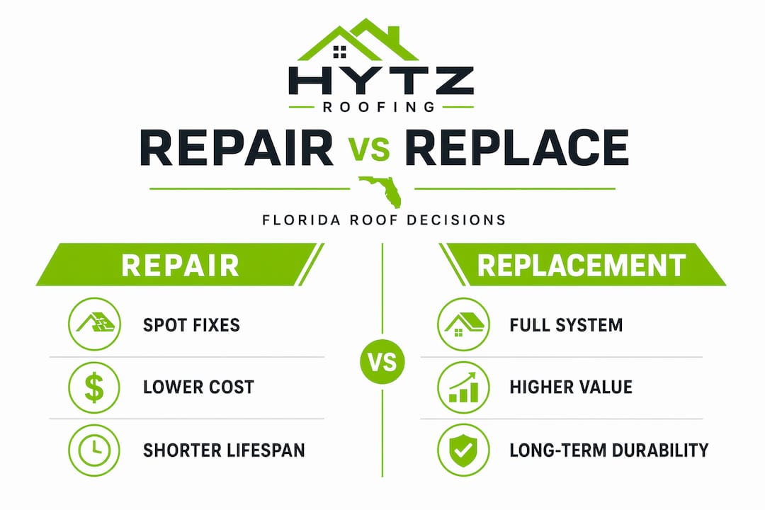 Infographic comparing roof repair and replacement