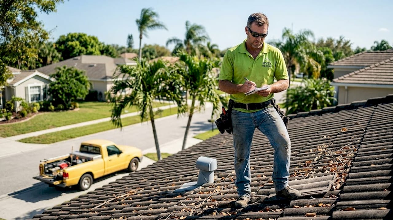 Florida roofer inspecting residential roof tiles