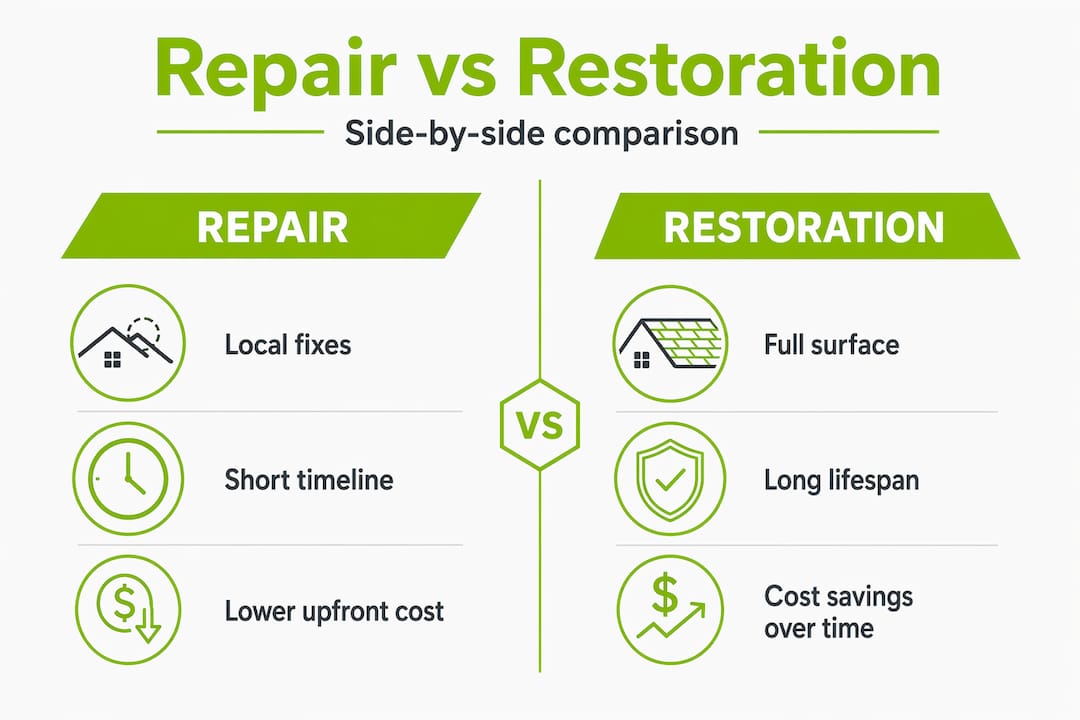 Infographic comparing roof repair and restoration