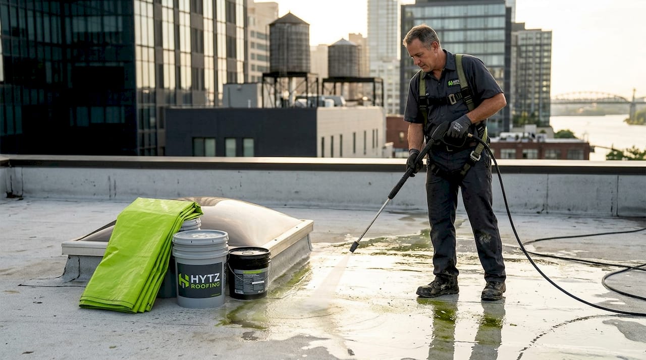 Contractor cleaning algae from commercial roof