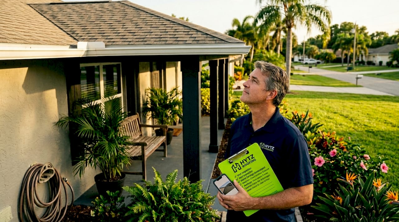 Homeowner inspecting storm-damaged roof