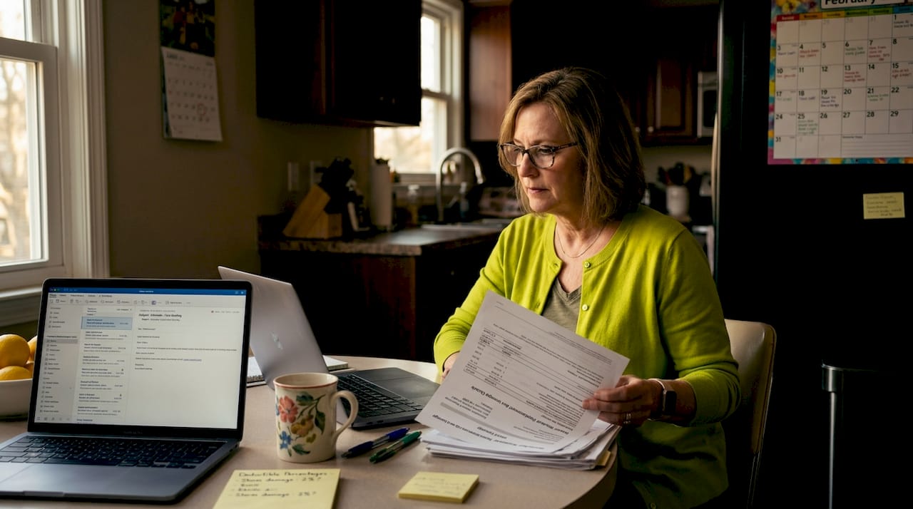 Woman reviewing roof claim paperwork