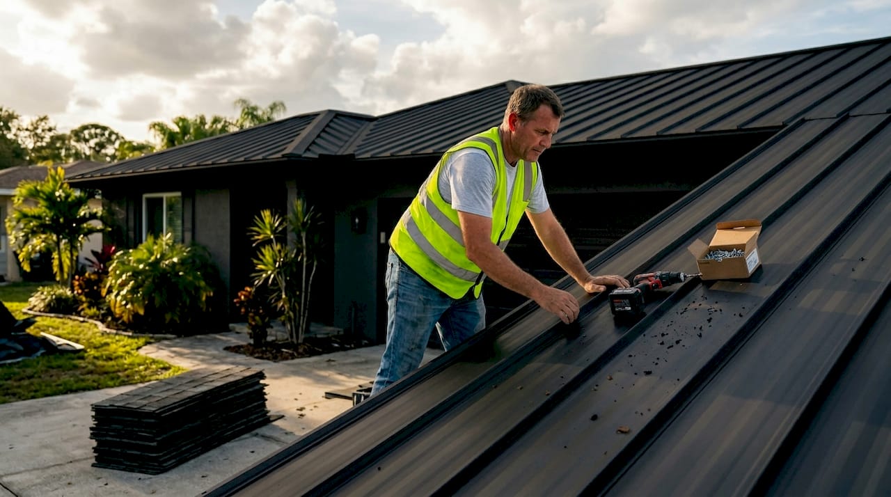 Roofer fitting metal panels on Florida roof