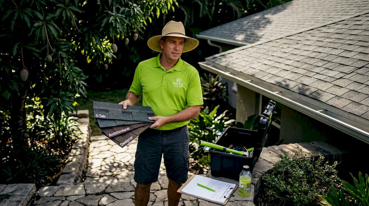 Roofer comparing shingle samples outside Florida home