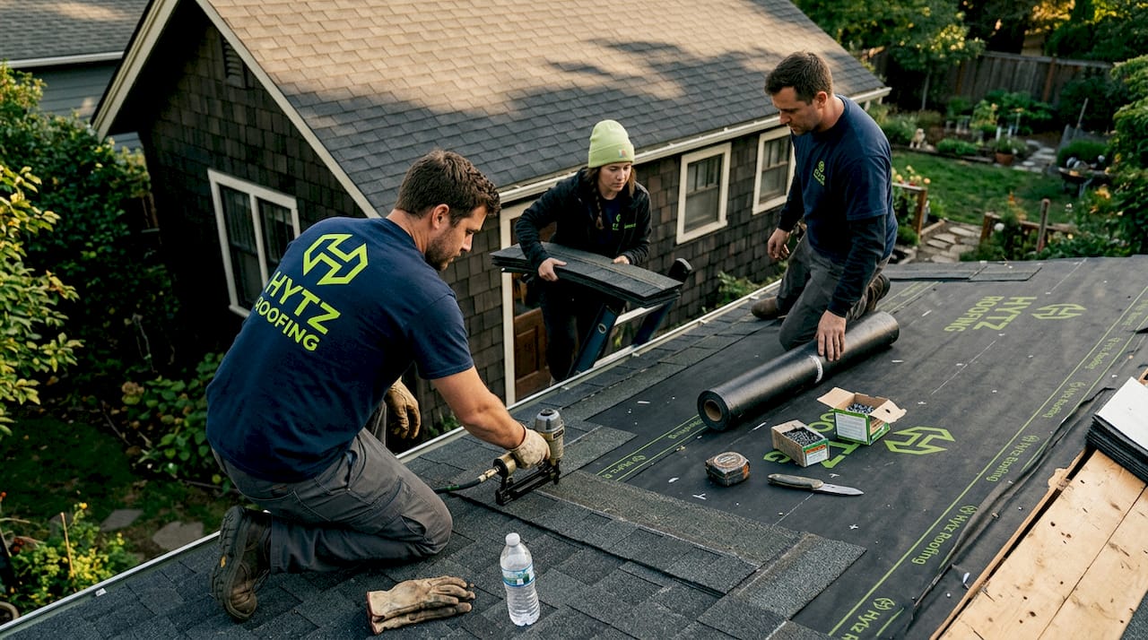 Roofers installing shingles and underlayment together