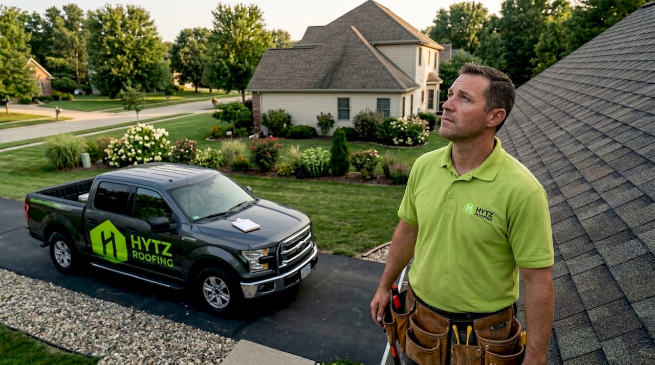 Roofing contractor inspecting roof of home