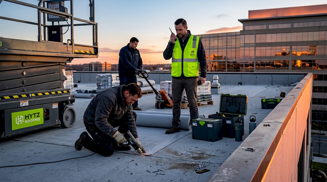 Roof installation crew working on commercial flat roof