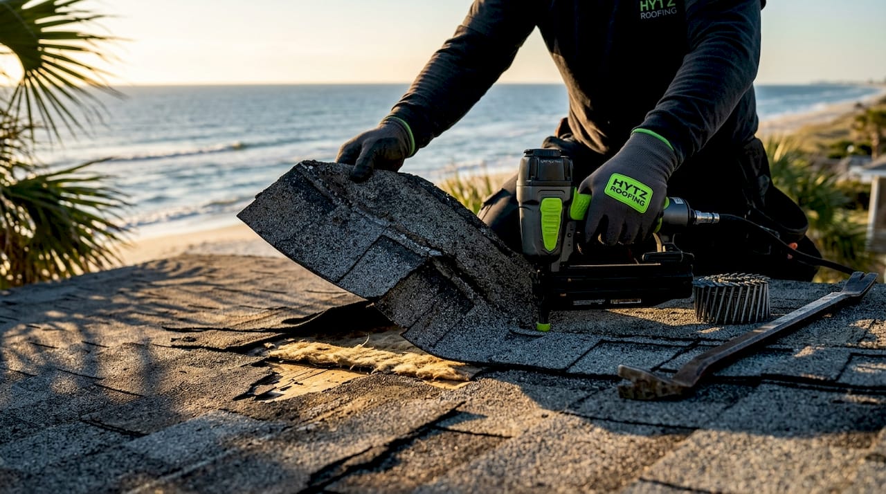 Close-up of shingle replacement on roof
