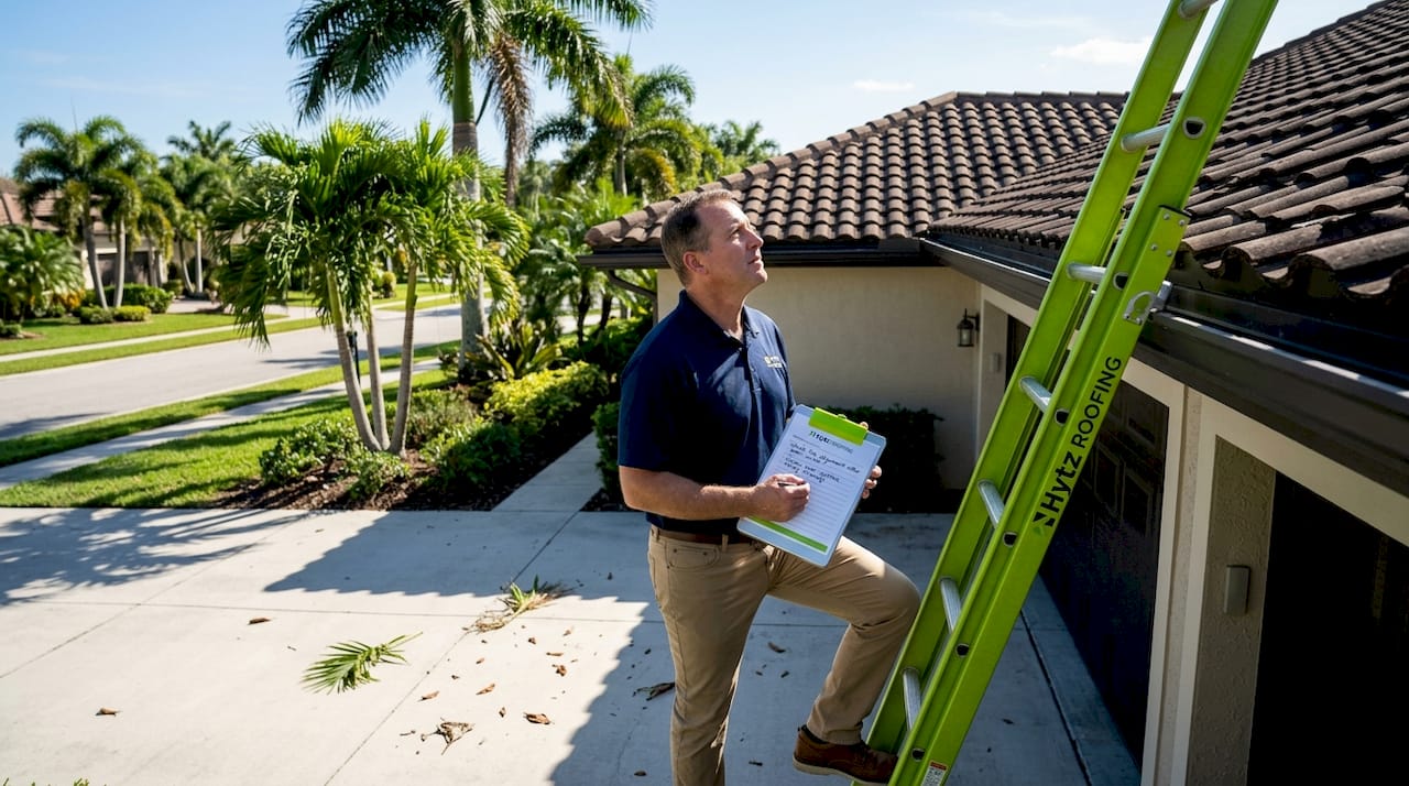 Homeowner inspecting roof after storm in Florida