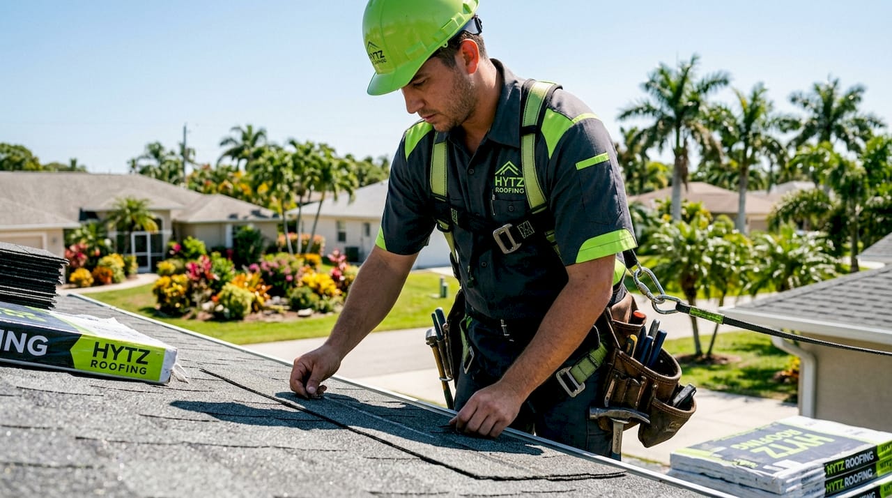 Contractor installing shingles on Florida roof