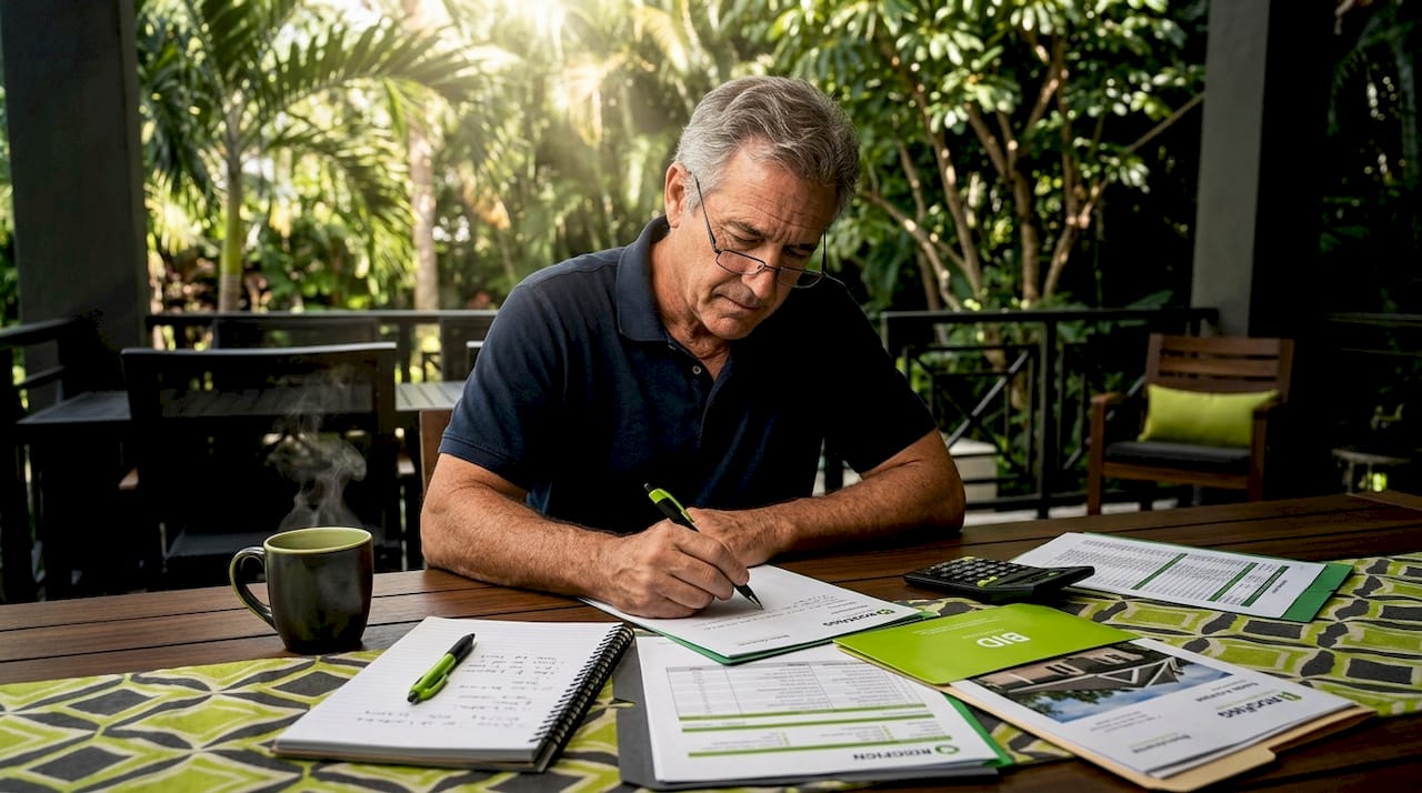 Homeowner reviewing roofing bids at kitchen table