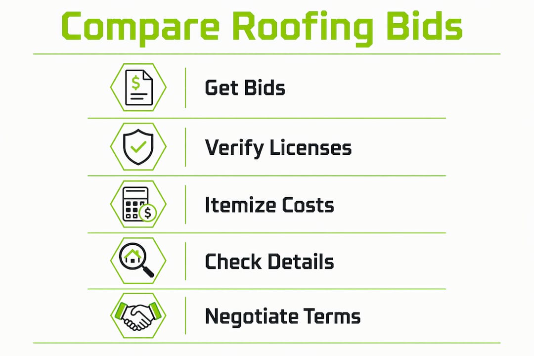 Infographic showing five steps for comparing roofing bids