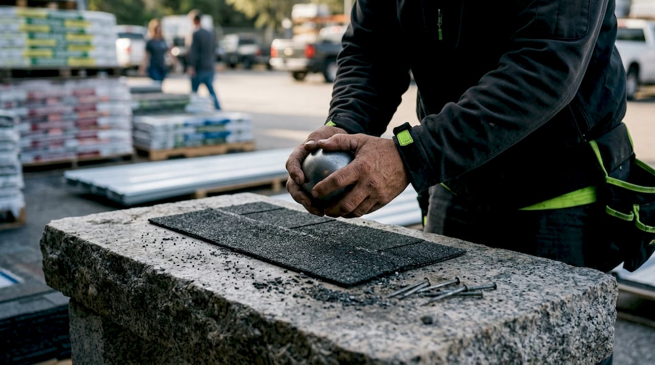 Hands testing impact resistant roofing shingle