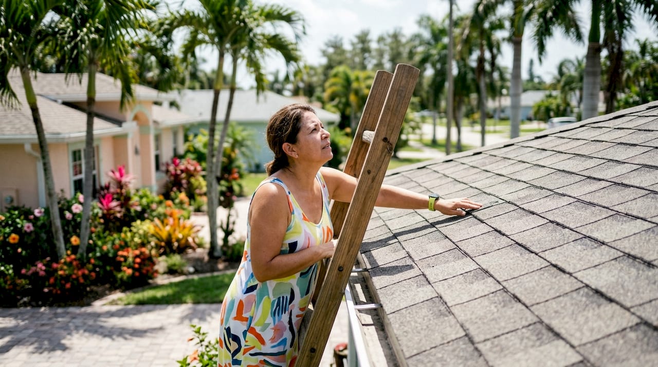 Woman inspecting impact roofing on Florida home