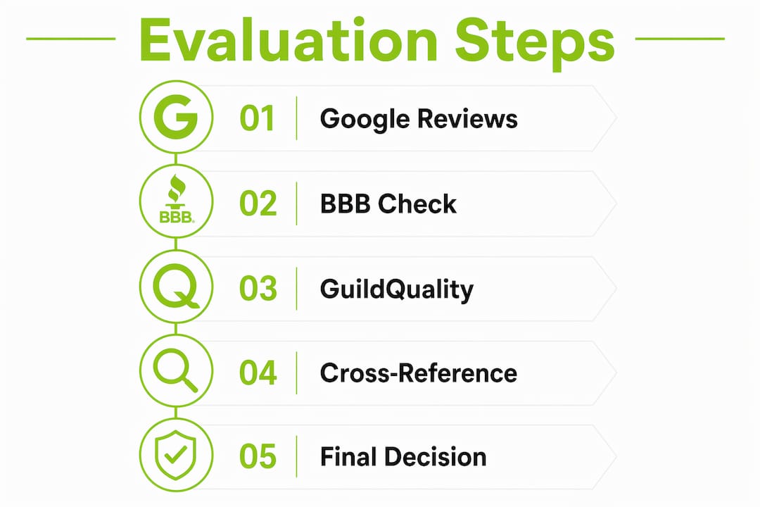 Infographic outlining step-by-step roofing contractor review evaluation